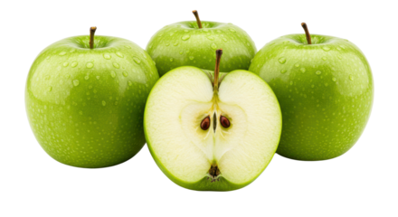 Fresh green apples and half apple isolated PNG with Transparent Background
