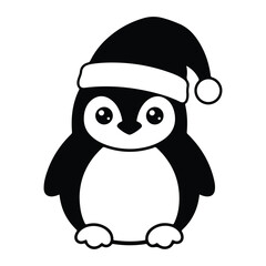 Obraz premium Cute Penguin with Christmas Hat - Black and White Holiday Illustration