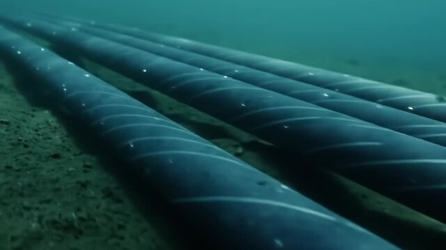 Underwater cables resting on the seabed with a slight current and dark blue water