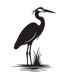 Obraz premium Heron Standing by Water - Black and White Vector Illustration