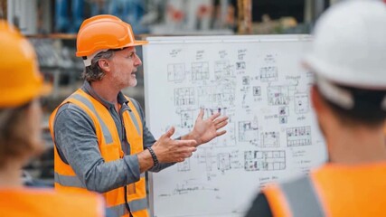 Construction Site Briefing: A construction foreman in an orange helmet and safety vest addresses a small team, explaining detailed blueprints for a new project, emphasizing collaboration and safety. - Powered by Adobe