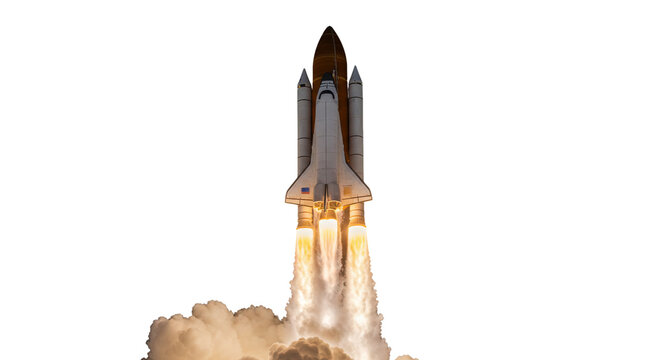 Space shuttle taking off with flames and smoke isolated PNG with Transparent Background