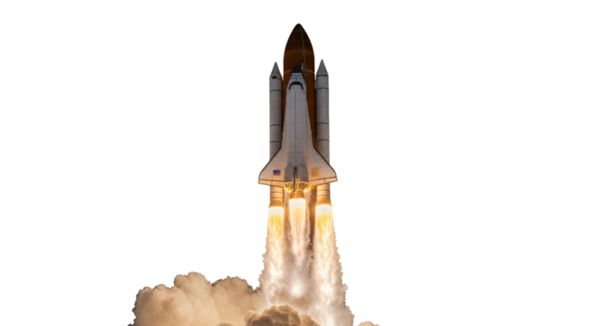 Space shuttle taking off with flames and smoke isolated PNG with Transparent Background