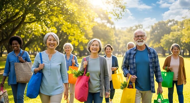 Group of diverse senior adults walking in a park with shopping bags on a sunny day with trees