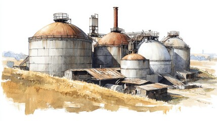 Naklejka premium Old industrial factory with large storage tanks and metal structures in a rural setting under clear sky