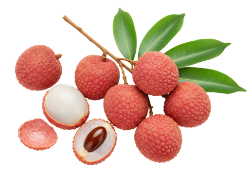 A cluster of fresh lychee fruit, with one peeled and one halved piece, accompanied by a branch and leaves, white background isolated
