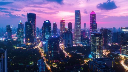 Obraz premium Vibrant City Skyline During Twilight with Colorful Sunset Over Skyscrapers and Urban Landscape