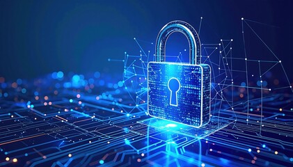 A shiny padlock rests atop a complex circuit board, illuminated by vibrant blue LED lights, symbolizing security in technology and digital safety.