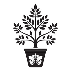 Decorative Potted Plant with Leaves - Black and White Vector Illustration
