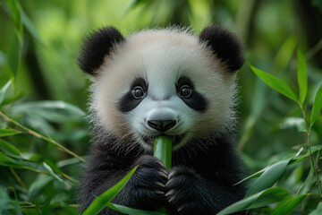 Obraz premium Panda munching on bamboo leaves.