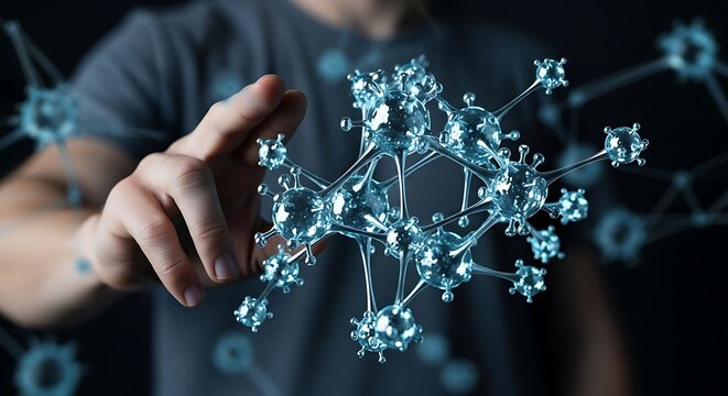 Person interacting with a complex molecular structure in a dark environment with focus on science