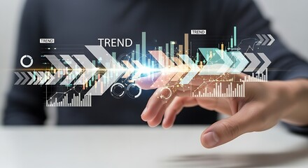 Person showing trend analysis with charts and arrows on a digital interface in a modern setting