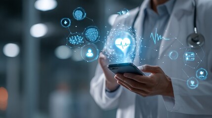 Doctor holding smartphone with overlay of medical icons representing healthcare technology, diagnostics and patient care