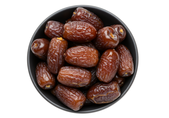 A small, dark grey or black ceramic bowl filled with a generous pile of pitted dates, white background isolated