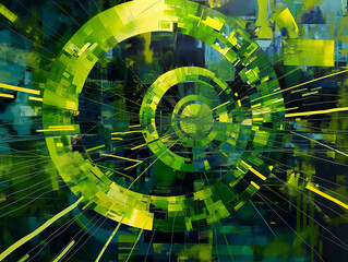 Abstract Art with Concentric Green Circles and Lines