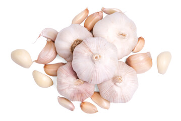 Top view group fresh peeled garlic cloves on white background.