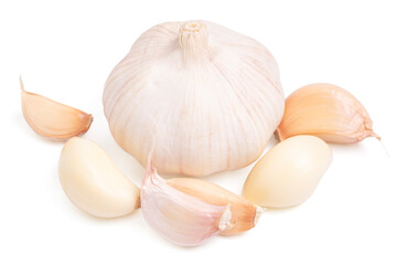 Top view fresh peeled garlic cloves, bulb on white background.