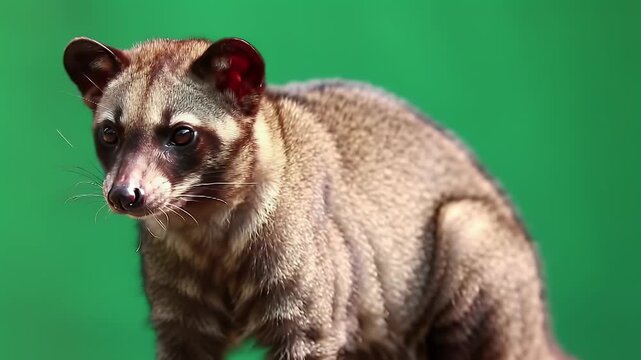 Asian Palm Civet (Paradoxurus hermaphroditus) isolated on a vibrant green background, wildlife portrait