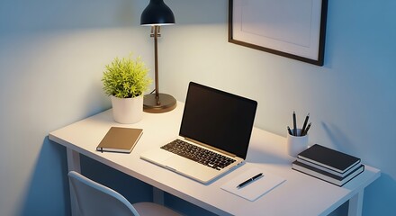 A desk setup featuring a laptop, lamp, plant, books, pens, and other office supplies on a white desk