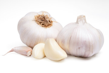 garlic cloves, bulb with garlic slices isolated on white background.