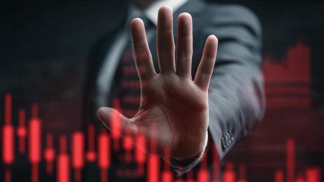 Market Halt: A businessman with a gesture of stopping with graph of stock value is crashing, symbolic of financial crisis.