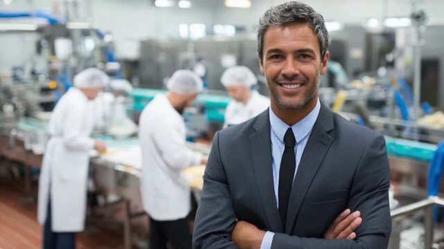 Confident Manager: A determined manager stands with arms crossed in the middle of a food factory, he demonstrates leadership and control of production line