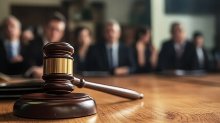 A wooden gavel rests on a table in a courtroom setting with a blurred group of people in the background, symbolizing justice and legal proceedings.