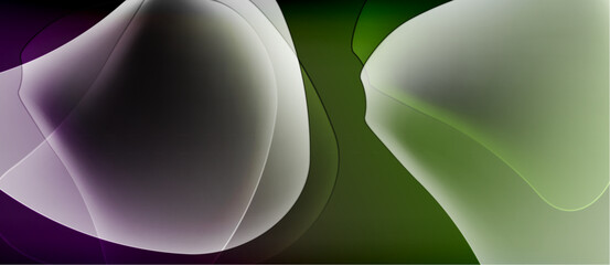 Abstract shapes blend purple, green hues. Smooth gradients create flowing forms, minimalist design. Soft lighting emphasizes curves, depth.