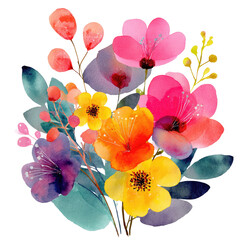 Vibrant floral bouquet in a watercolor style, showcasing a mix of bold colors and shapes