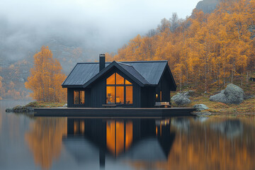 Fototapeta premium Small cabin perched on lake, embraced by trees.