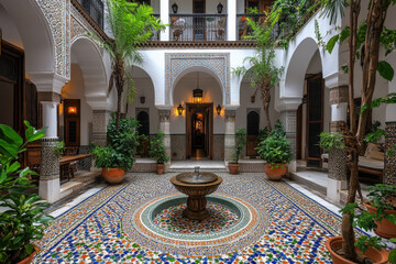 A group of friends laughing and talking at the courtyard of the Ria Hotel in Mara, Morocco.