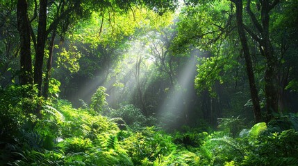 Obraz premium Lush Green Forest with Sunlight Rays Filtering Through Trees in a Serene Natural Environment
