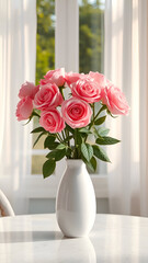 Elegant pink rose bouquet in white vase on white table, in front of window with white sheer curtains. JPEG, 3.2MB, 9x16in, 2700x4800px, 300px, 