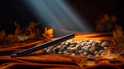 Autumnal Cosmetic Elegance, Makeup Brush and Gravel Arrangement Amidst Fallen Leaves