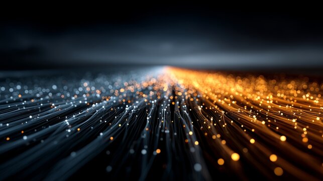 A close-up view of fiber optic cables emitting blue and orange light, symbolizing high-speed data transmission and modern communication technology.
