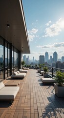 Obraz premium Luxury rooftop terrace with cityscape view, modern lounge furniture, sunny day. 