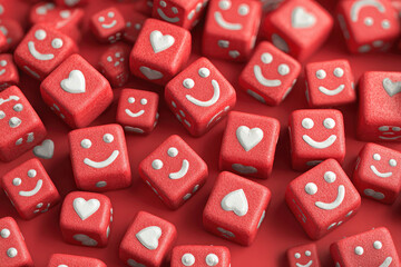 Red cubes with white hearts and smiley faces