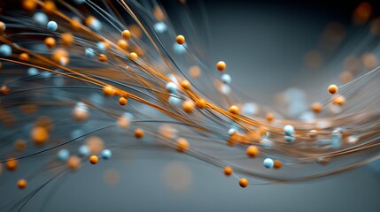 Abstract flowing lines with small orange and white spheres create a dynamic, futuristic visual emphasizing connectivity and movement.