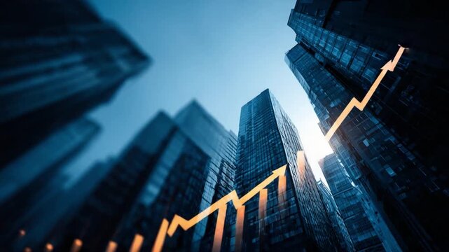 Corporate Ascent: A striking perspective of a modern city skyline, with towering skyscrapers and an upward-trending arrow overlay, symbolizing progress and growth in the financial district.