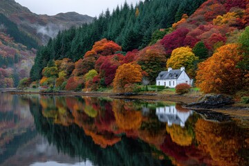 Fototapeta premium Tranquil lakeside cottage surrounded by vibrant autumn foliage reflected in calm waters