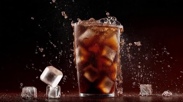 Crisp Beverage Burst: A close-up shot showcases the dynamic energy of a beverage, with droplets of liquid exploding from a glass filled with refreshing ice cubes.