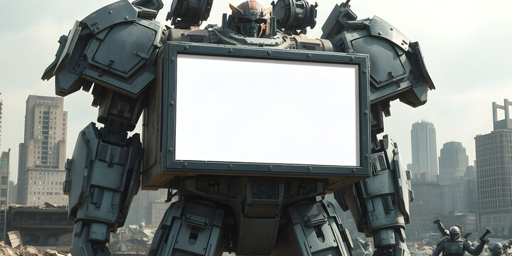 Blank Mockup Digital billboard embedded in the armor of a giant robot standing in a ruined city