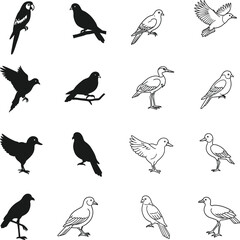 Fototapeta premium Charming collection of diverse bird silhouettes and line art illustrations for creative projects