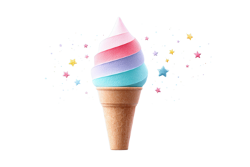 Colorful Swirled Ice Cream Cone with Star and Heart Sprinkles on Transparent Background