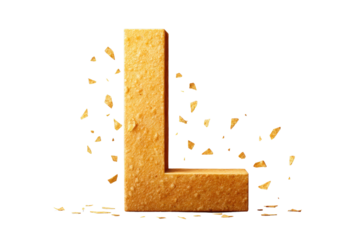 Cheese Block in Shape of Letter L With Crumbled Pieces on Transparent Background