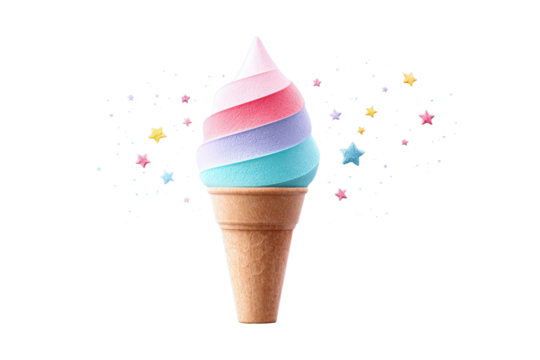 Colorful Swirled Ice Cream Cone with Star and Heart Sprinkles on Transparent Background