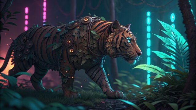 Cyberpunk tiger in a neon jungle environment isolated on white background