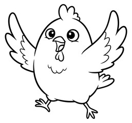 Fototapeta premium Black and White Cartoon Illustration of a Happy Chicken with Open Wings