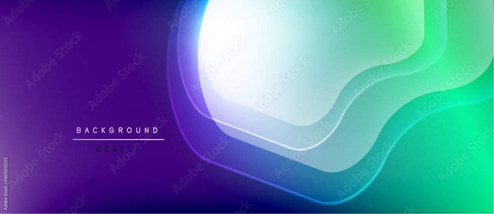 Fototapete Abstract background features flowing purple, green gradients. Overlapping layers create dynamic visual effect. Minimal text present.