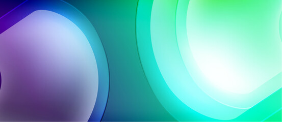 Abstract gradients blend purple, teal, green hues. Circular shapes overlap creating soft light effects. Minimalist design, modern aesthetic.